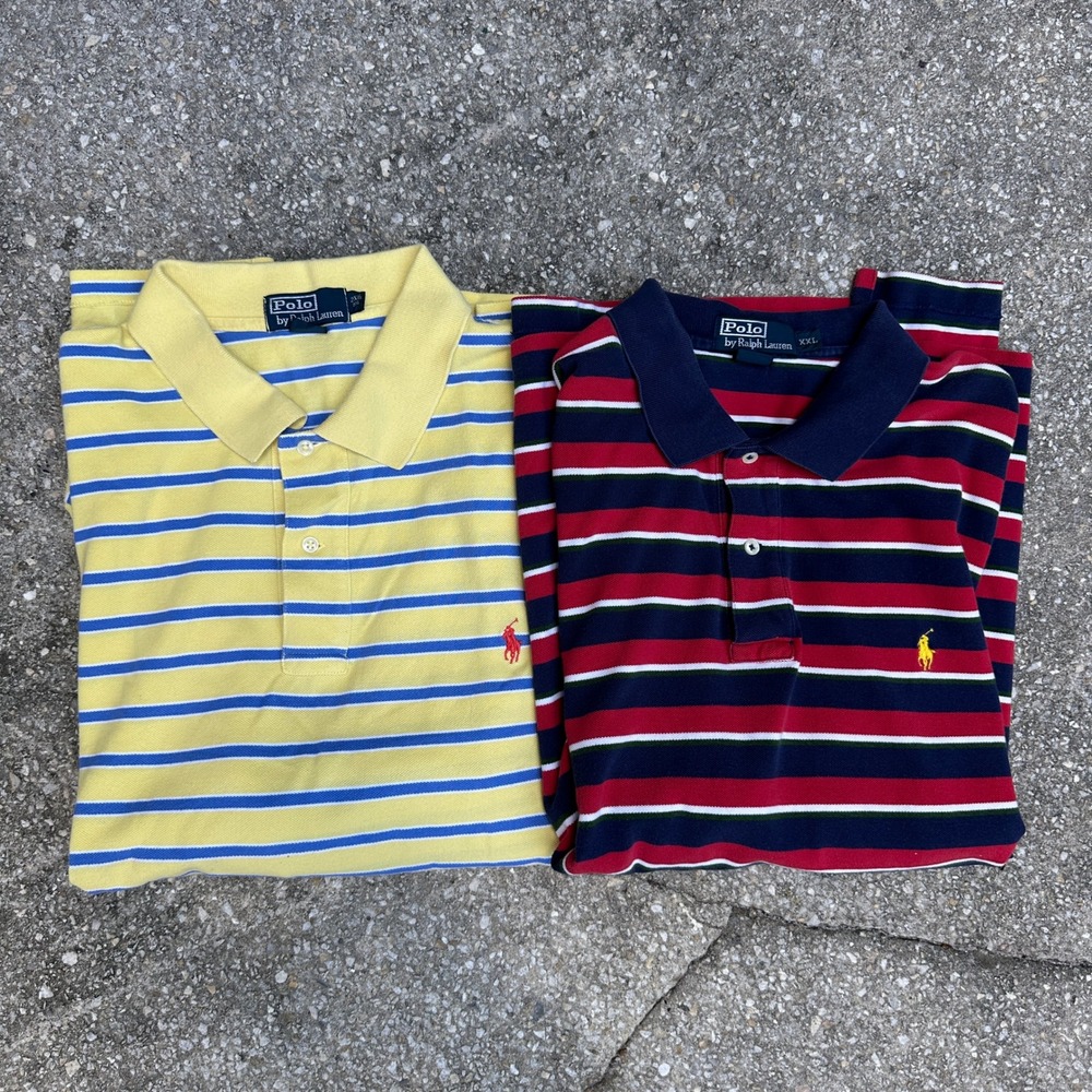 Bundle of 2 Polo Ralph Lauren Striped Polo Shirts XXL 2XB Yellow Navy Red
